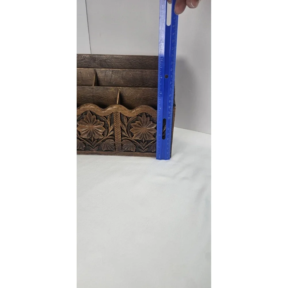 Vintage LERNER Carved Faux Wood Letter Holder Mail Organizer Desk Storage Caddy